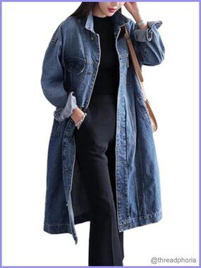 Womens Classic Denim Jacket Plus Size Button Down Long Trench Coat